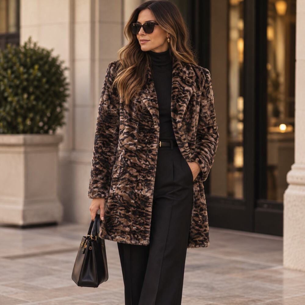 CABI Minka Coat Faux Fur Brown Black Sz XS $219 {F52}